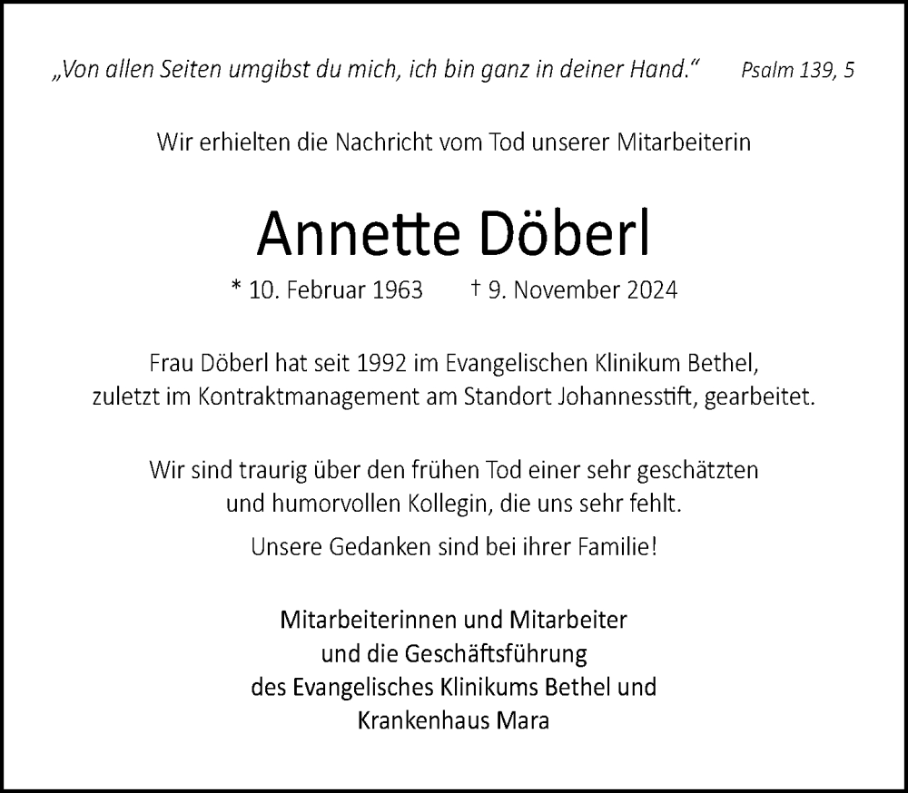  Traueranzeige für Annette Döberl vom 16.11.2024 aus Neue Westfälische