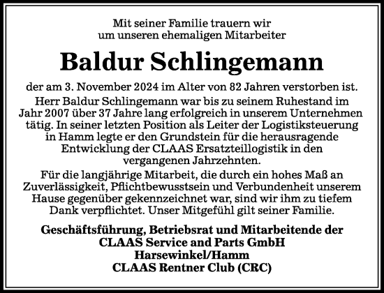 Traueranzeige von Baldur Schlingemann von Neue Westfälische