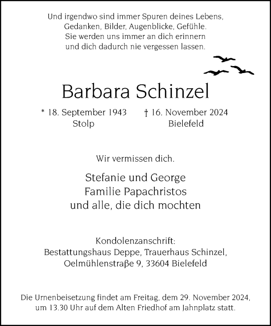 Traueranzeige von Barbara Schinzel von Neue Westfälische