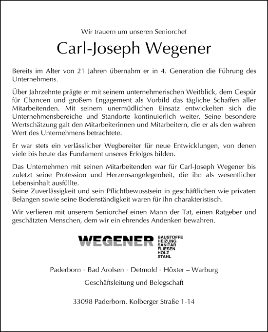 Traueranzeige von Carl-Joseph Wegener von Neue Westfälische