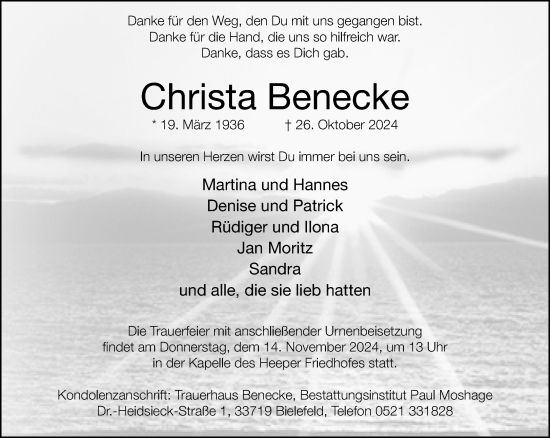 Traueranzeige von Christa Benecke von Neue Westfälische