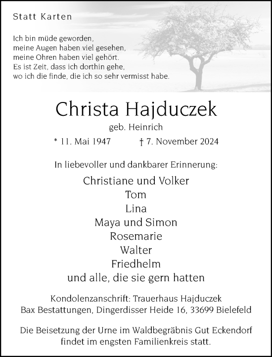 Traueranzeige von Christa Hajduczek von Neue Westfälische