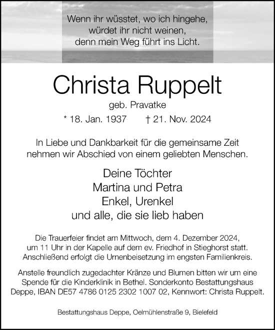 Traueranzeige von Christa Ruppelt von Neue Westfälische