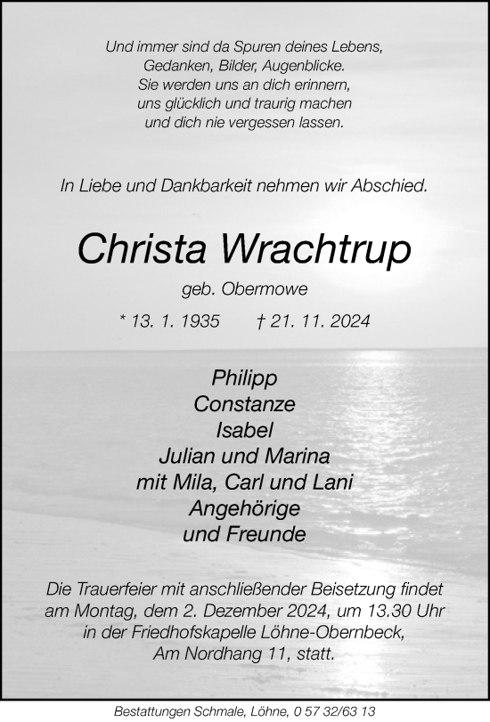 Traueranzeige von Christa Wrachtrup von Neue Westfälische