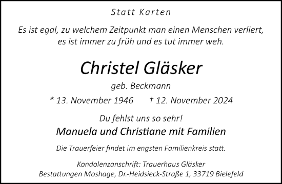 Traueranzeige von Christel Gläsker von Neue Westfälische