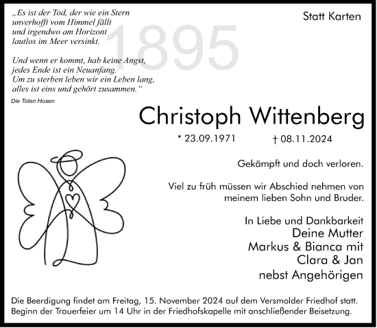 Traueranzeige von Christoph Wittenberg von Neue Westfälische