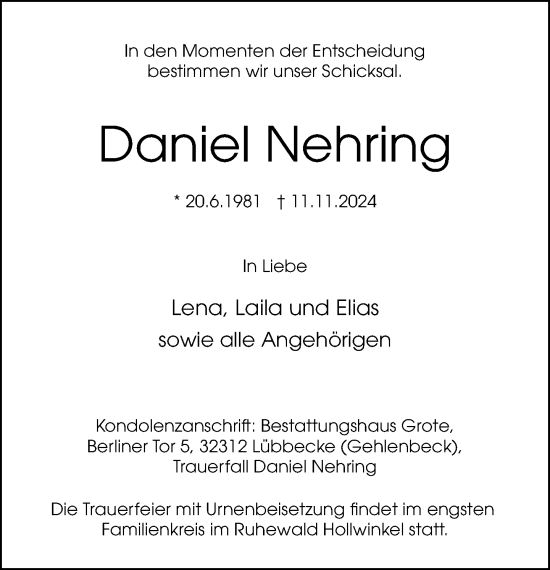 Traueranzeige von Daniel Nehring von Neue Westfälische