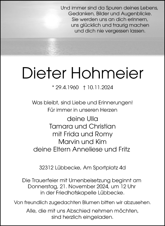 Traueranzeige von Dieter Hohmeier von Neue Westfälische