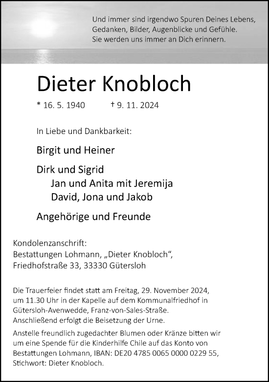 Traueranzeige von Dieter Knobloch von Neue Westfälische