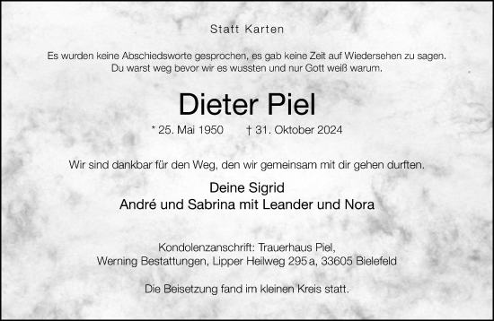 Traueranzeige von Dieter Piel von Neue Westfälische