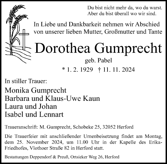 Traueranzeige von Dorothea Gumprecht von Neue Westfälische