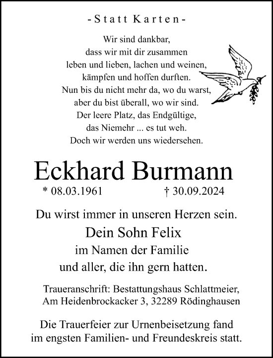 Traueranzeige von Eckhard Burmann von Neue Westfälische