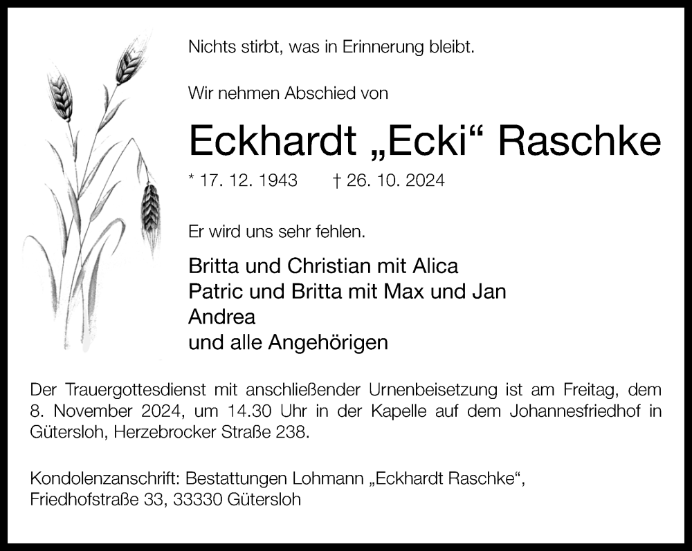  Traueranzeige für Eckhardt Raschke vom 01.11.2024 aus Neue Westfälische