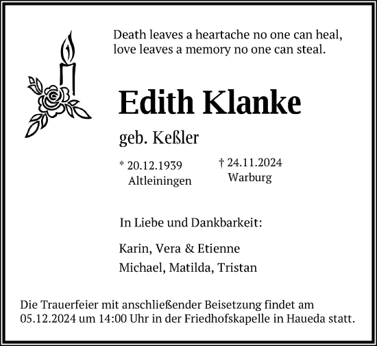 Traueranzeige von Edith Klanke von Neue Westfälische