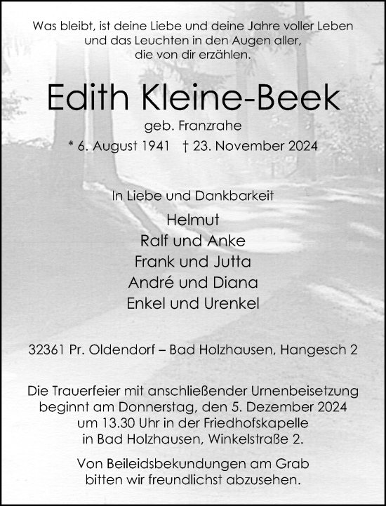 Traueranzeige von Edith Kleine-Beek von Neue Westfälische