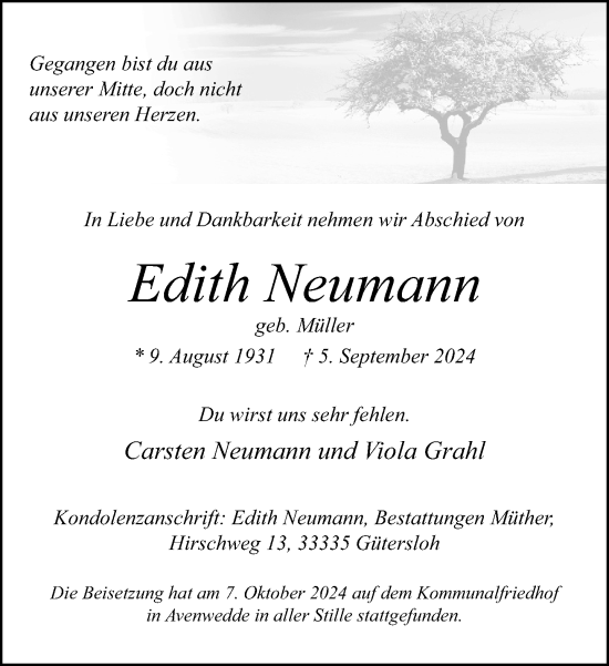 Traueranzeige von Edith Neumann von Neue Westfälische