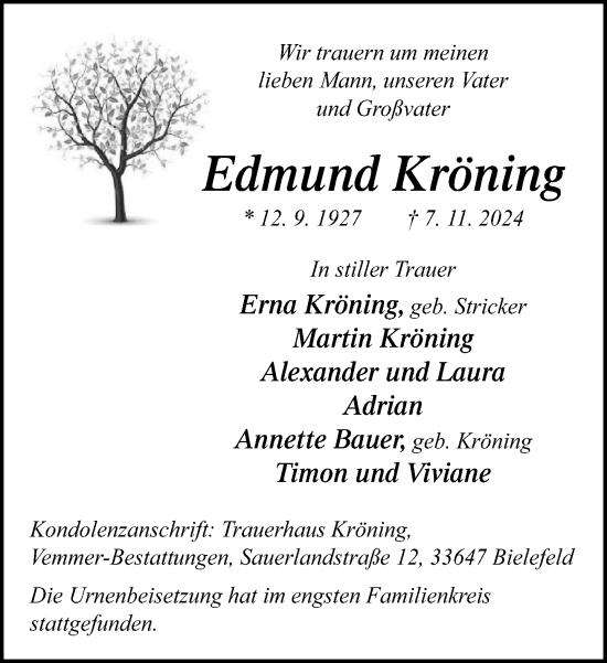 Traueranzeige von Edmund Kröning von Neue Westfälische