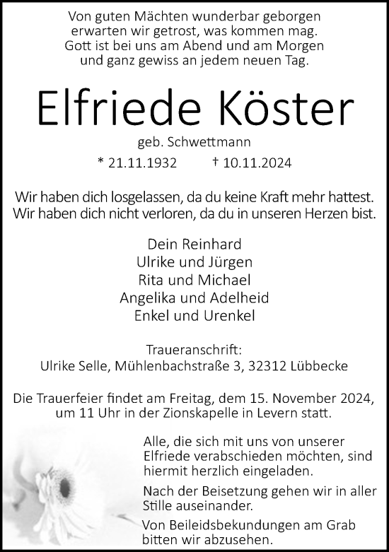 Traueranzeige von Elfriede Köster von Neue Westfälische