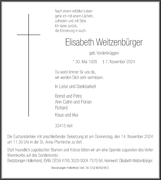 Traueranzeige von Elisabeth Weitzenbürger von Neue Westfälische