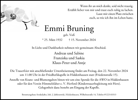 Traueranzeige von Emmi Bruning von Neue Westfälische