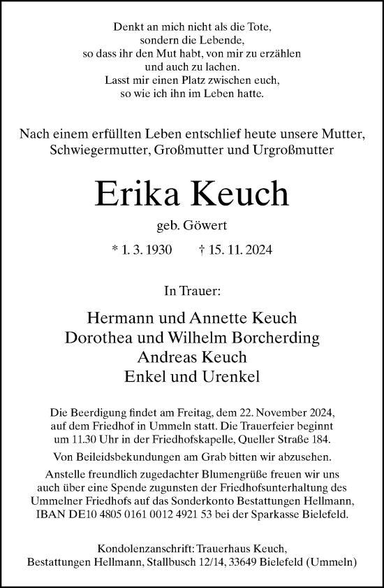 Traueranzeige von Erika Keuch von Neue Westfälische