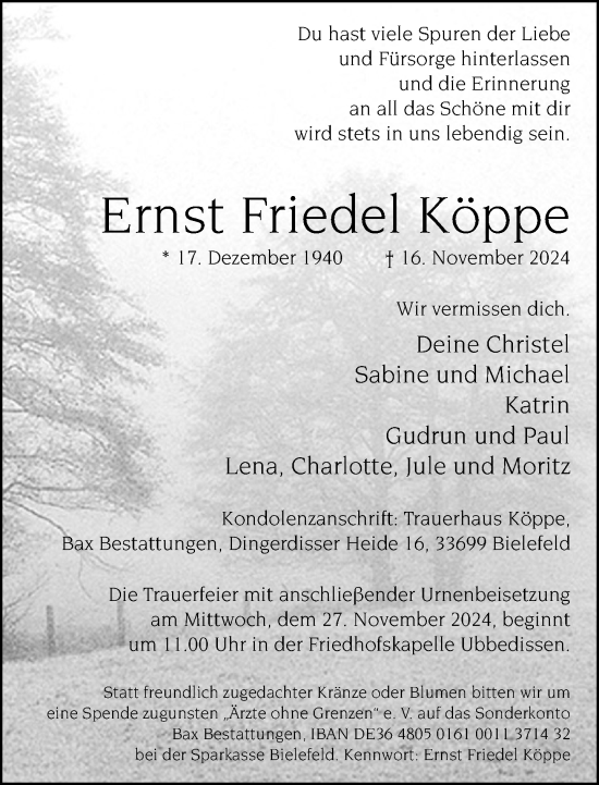 Traueranzeige von Ernst Friedel Köppe von Neue Westfälische