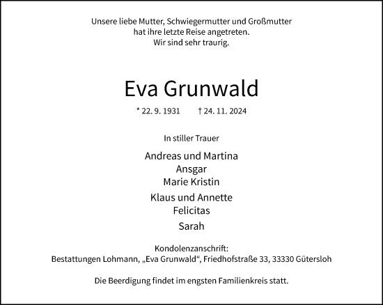 Traueranzeige von Eva Grunwald von Neue Westfälische