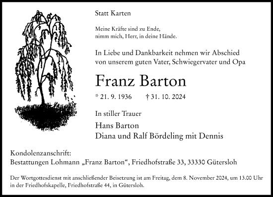 Traueranzeige von Franz Barton von Neue Westfälische