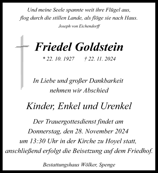 Traueranzeige von Friedel Goldstein von Neue Westfälische