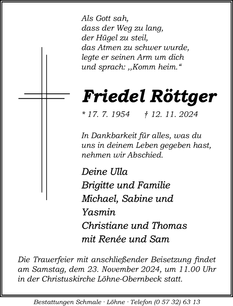  Traueranzeige für Friedel Röttger vom 16.11.2024 aus Neue Westfälische