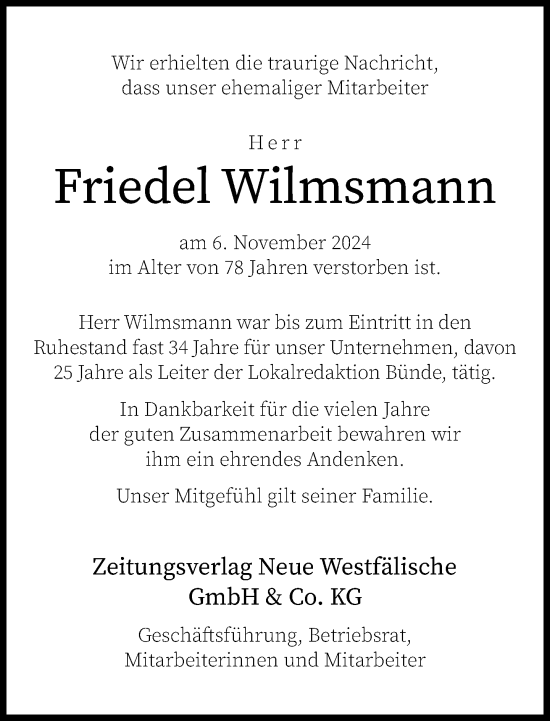 Traueranzeige von Friedel Wilmsmann von Neue Westfälische