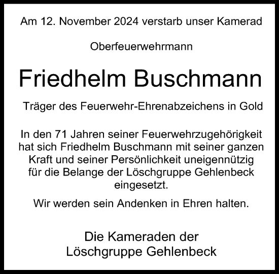 Traueranzeige von Friedhelm Buschmann von Neue Westfälische