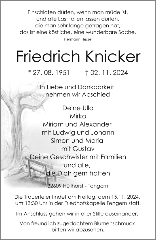 Traueranzeige von Friedrich Knicker von Neue Westfälische