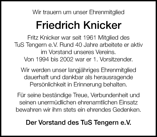 Traueranzeige von Friedrich Knicker von Neue Westfälische