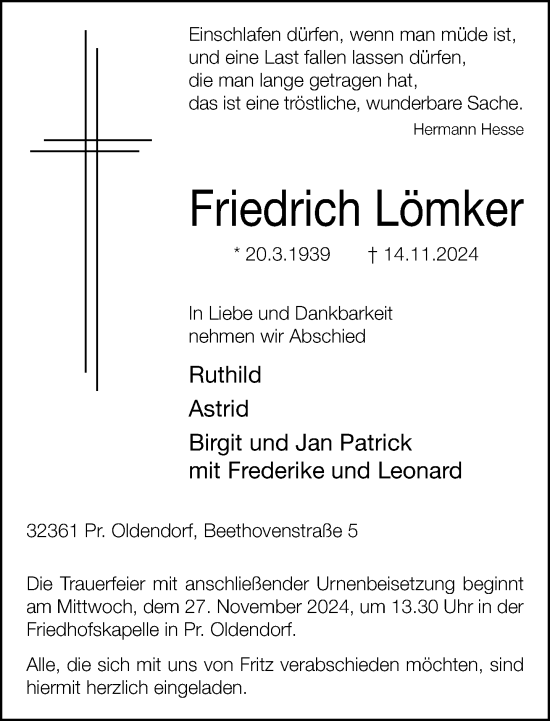 Traueranzeige von Friedrich Lömker von Neue Westfälische