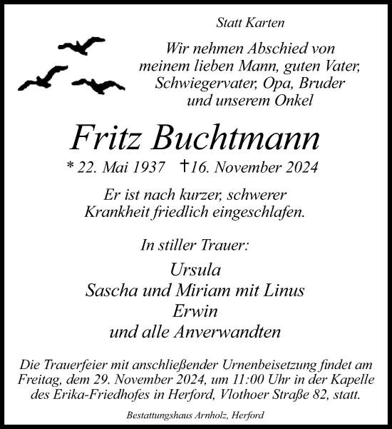 Traueranzeige von Fritz Buchtmann von Neue Westfälische