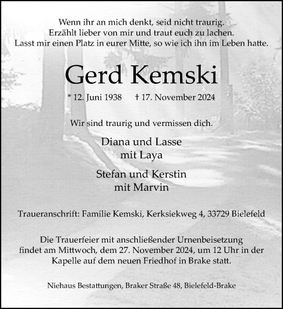 Traueranzeige von Gerd Kemski von Neue Westfälische