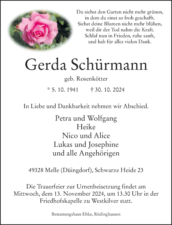 Traueranzeige von Gerda Schürmann von Neue Westfälische