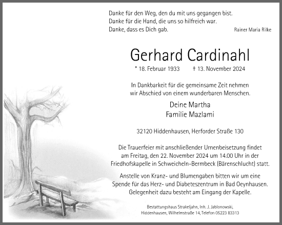 Traueranzeige von Gerhard Cardinahl von Neue Westfälische