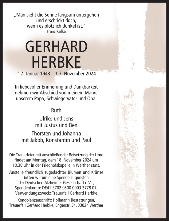 Traueranzeige von Gerhard Herbke von Neue Westfälische