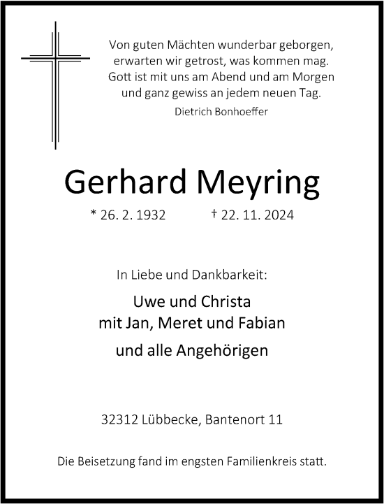 Traueranzeige von Gerhard Meyring von Neue Westfälische