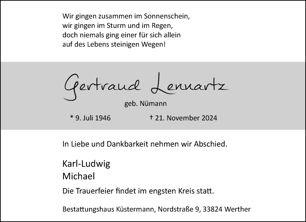  Traueranzeige für Gertraud Lennartz vom 30.11.2024 aus Neue Westfälische