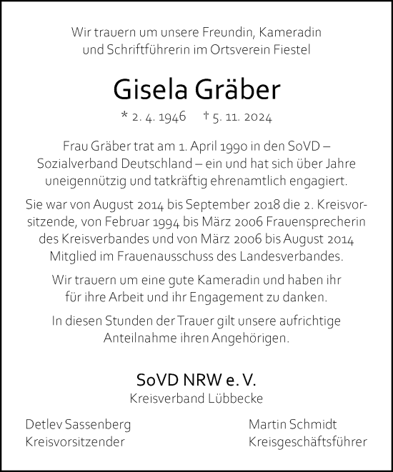 Traueranzeige von Gisela Gräber von Neue Westfälische