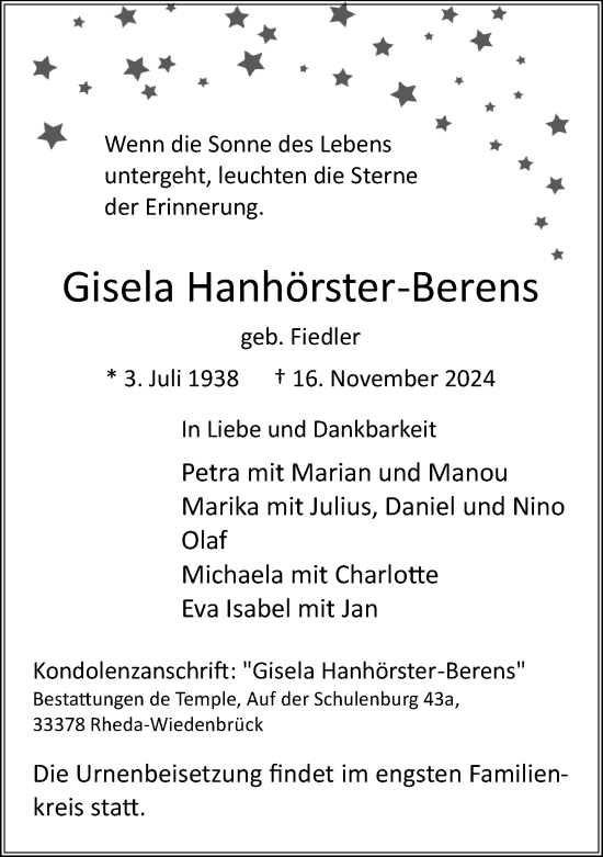 Traueranzeige von Gisela Hanhörster-Berens von Neue Westfälische
