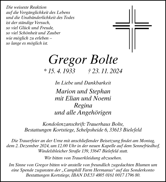 Traueranzeige von Gregor Bolte von Neue Westfälische