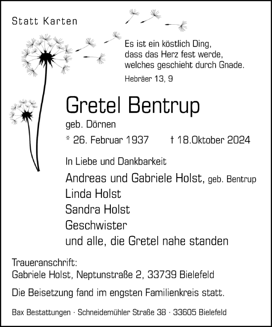 Traueranzeige von Gretel Bentrup von Neue Westfälische