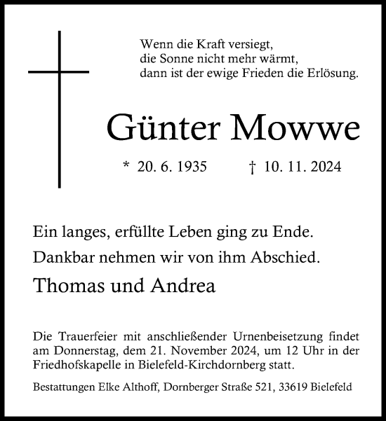 Traueranzeige von Günter Mowwe von Neue Westfälische