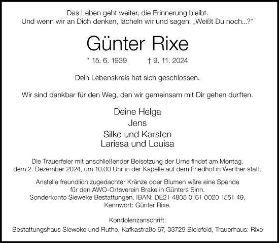 Traueranzeige von Günter Rixe von Neue Westfälische