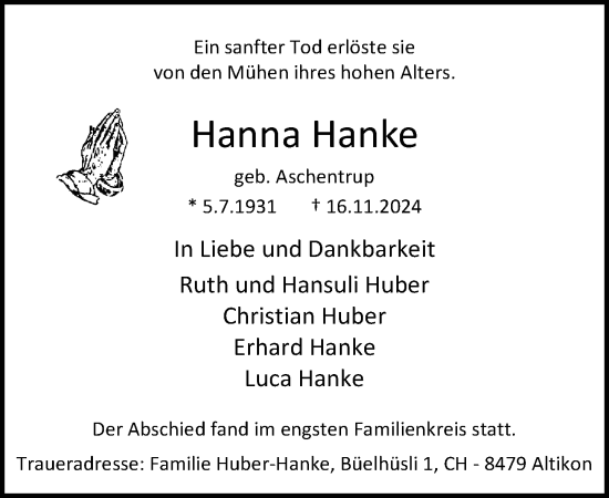 Traueranzeige von Hanna Hanke von Neue Westfälische