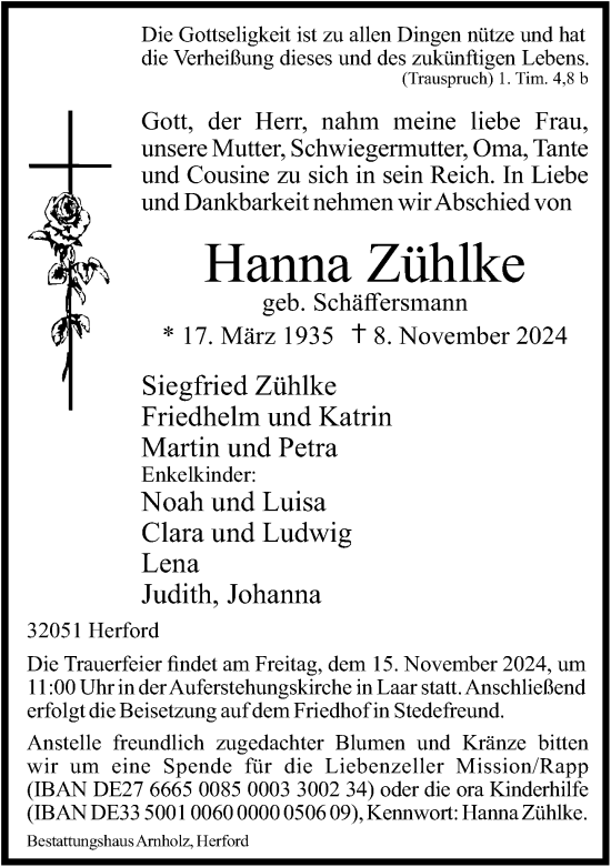 Traueranzeige von Hanna Zühlke von Neue Westfälische